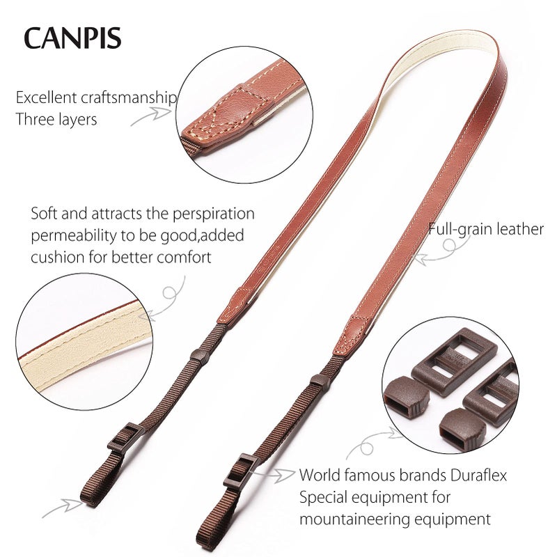 CANPIS CP008 Camera Shoulder Neck Strap compatible with Canon Nikon Leica Fuji Sony Olympus etc. Brown Color, Adjustable Length, Slim with Flocking Comfortable Pad - Image 2